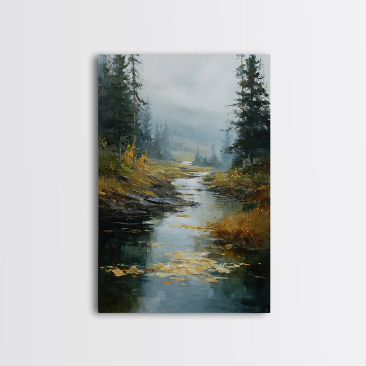 Autumn Leaves Floating on Quiet Stream Framed Canvas Print, Nature Art, Wall Art, Living Room Decor, Fine Art, Nature, NAT-2x3-38