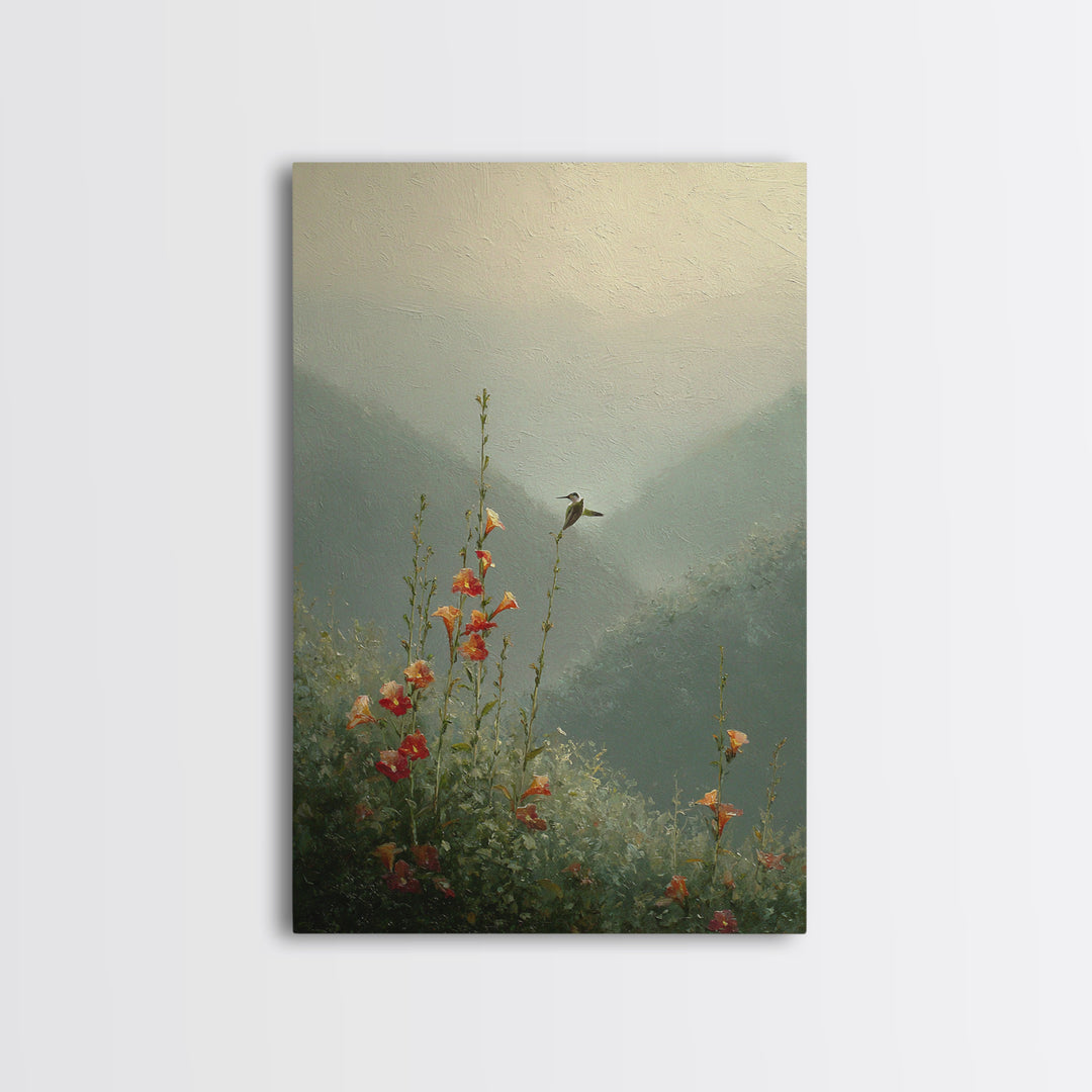 Hummingbird Beside Bright Trumpet Flowers Framed Canvas Print, Nature Art, Landscape Print, Living Room Decor, Watercolor Art, NAT-2x3-44