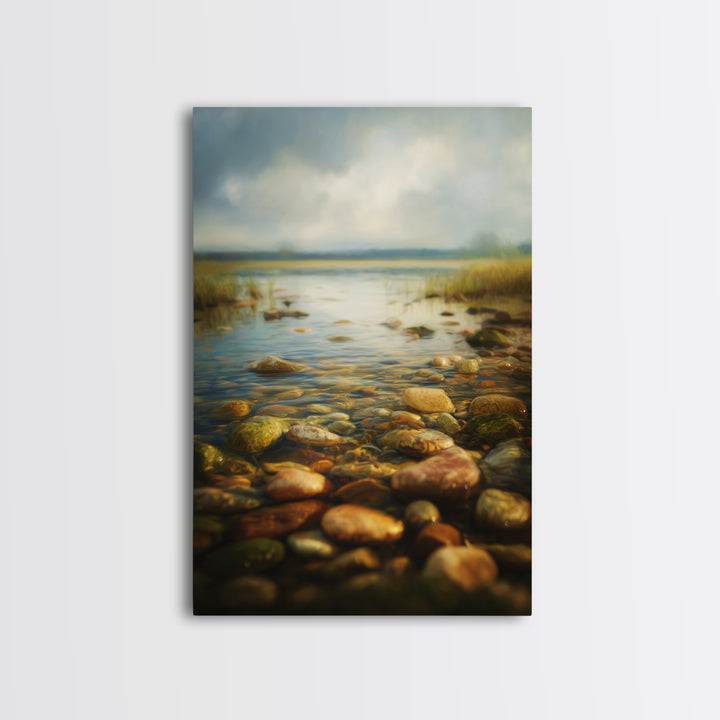 River Stones under Clear Shallow Water Canvas Print, Nature Art, Painting, Living Room Decor, Fine Art, Nature, Modern Wall Art, NAT-2x3-45