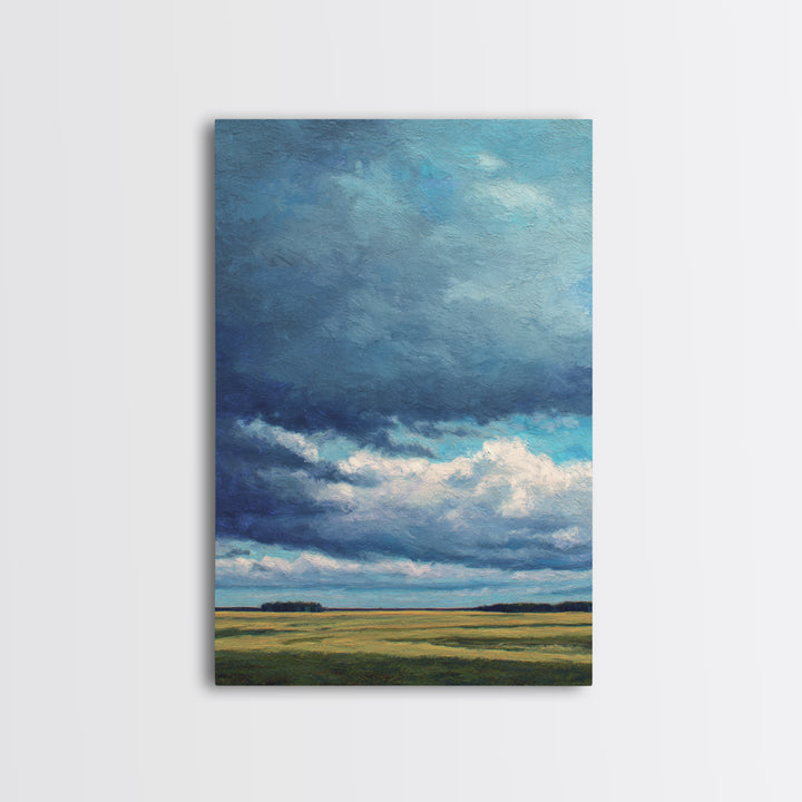 Storm Clouds over a Rolling Prairie Framed Canvas Print, Nature Art, Textured Painting, Living Room Decor, Fine Art, Nature, NAT-2x3-46