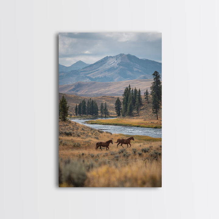 Wild Horses Running Near Mountain Ridge Canvas Print, Nature Art, Minimalist Decor, Living Room Decor, Fine Art, Nature, NAT-2x3-54