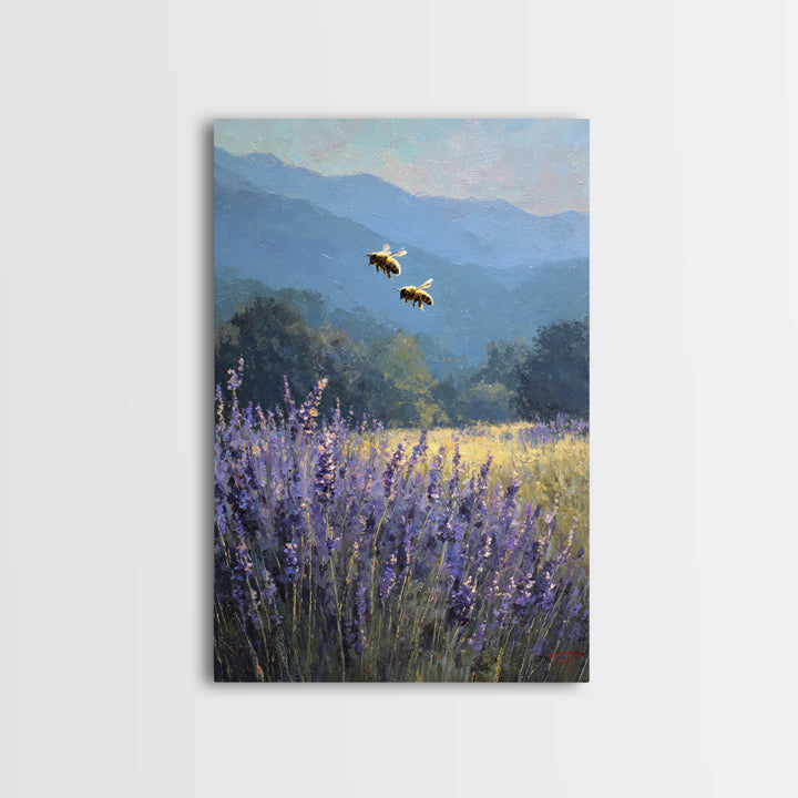 Bees Circling Lavender Blossoms Framed Canvas Print, Nature Art, Textured Painting, Living Room Decor, Fine Art, Nature, NAT-2x3-55