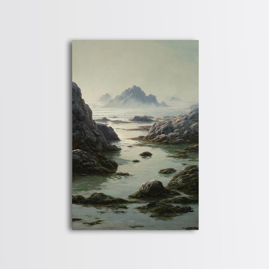 Calm Beach Tide Pooling Around Rocks Framed Canvas Print, Nature Art, Neutral Decor, Living Room Decor, Abstract Art, Nature, NAT-2x3-56