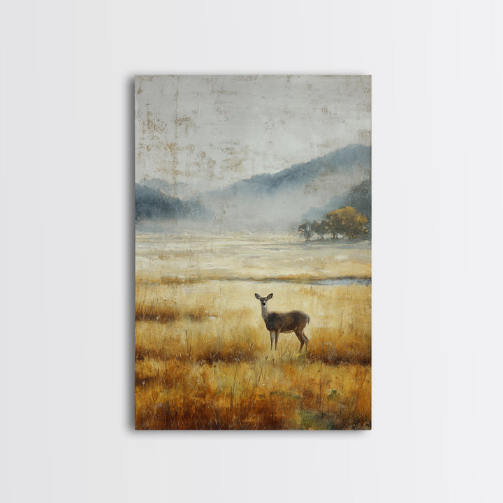 Deer Standing in a Golden Field Framed Canvas Print, Nature Art, Room Decor, Living Room Decor, Fine Art, Nature, Wall Hangings, NAT-2x3-64
