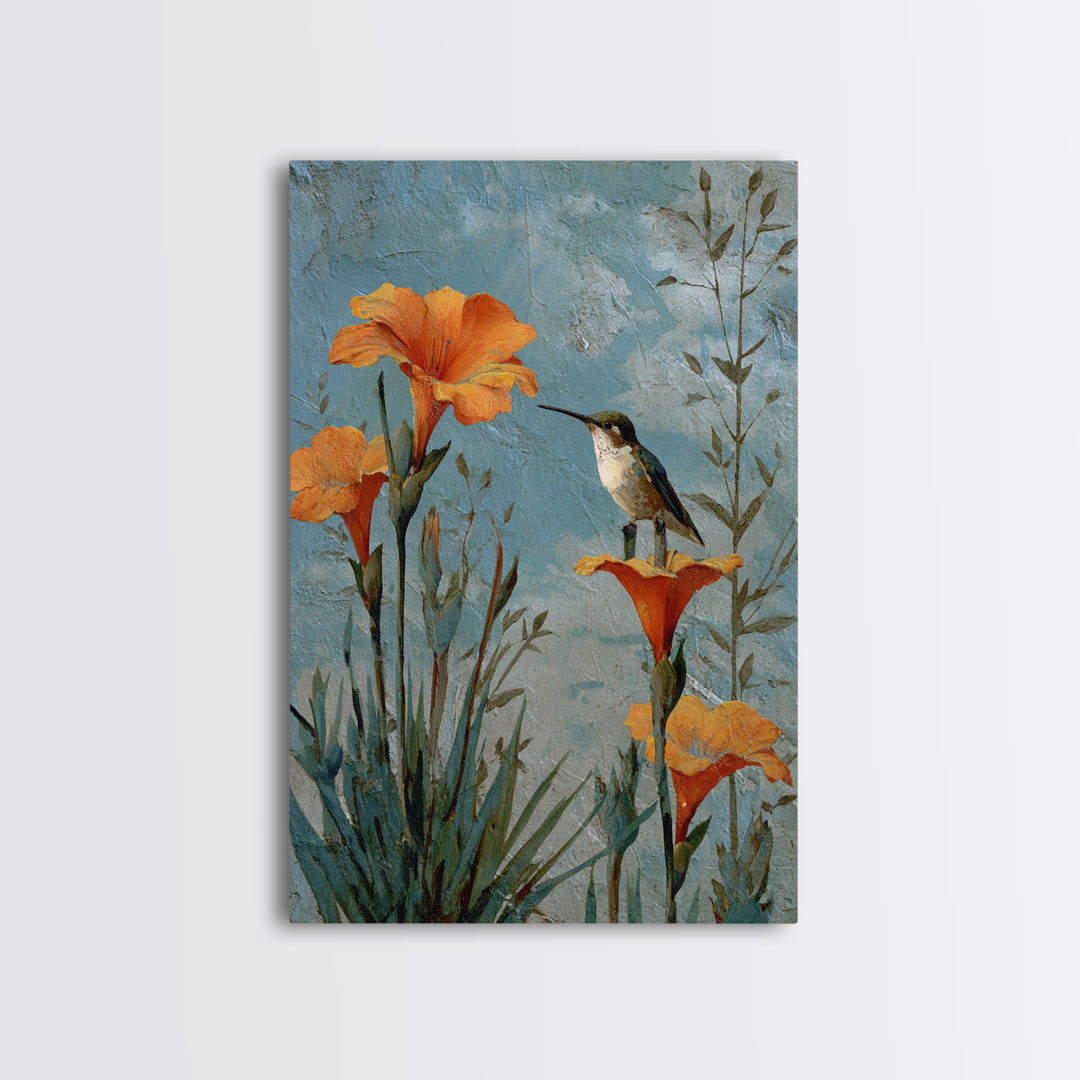 Hummingbird Beside Bright Trumpet Flowers Framed Canvas Print, Nature Art, Wall Hangings, Living Room Decor, Oil Painting, NAT-2x3-68