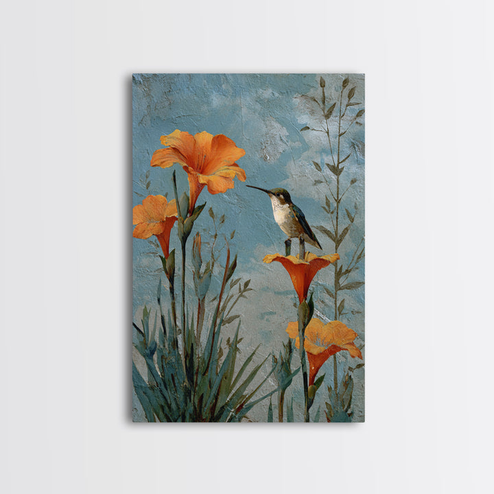 Hummingbird Beside Bright Trumpet Flowers Framed Canvas Print, Nature Art, Wall Hangings, Living Room Decor, Oil Painting, NAT-2x3-68