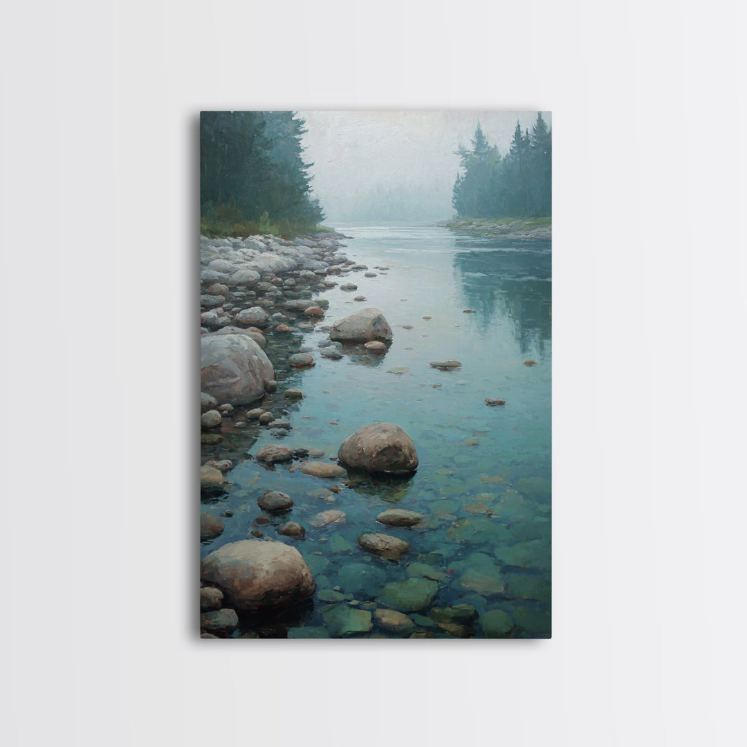 River Stones under Clear Shallow Water Framed Canvas Print, Nature Art, Artwork, Living Room Decor, Fine Art, Nature, NAT-2x3-69