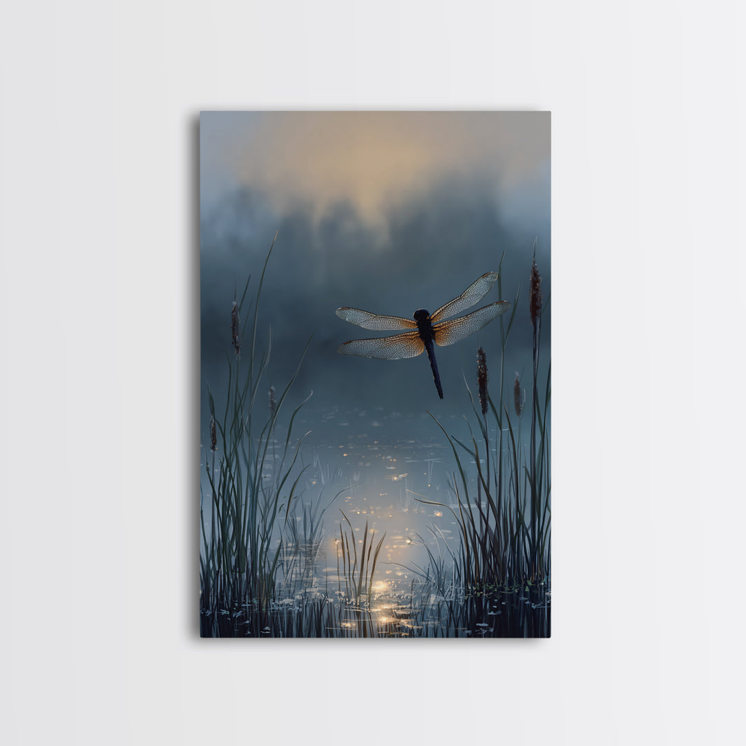 Dragonfly over a Pond with Reeds Framed Canvas Print, Nature Art, Art, Living Room Decor, Watercolor Art, Nature, 3d Wall Art, NAT-2x3-74