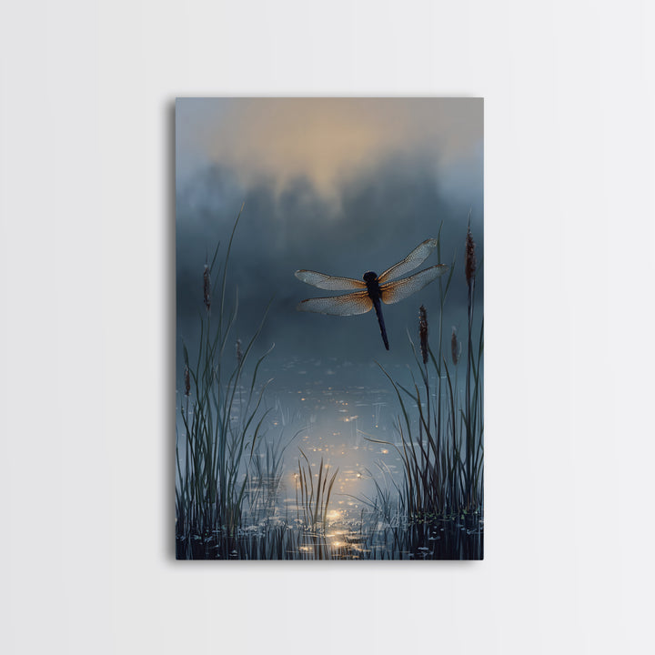 Dragonfly over a Pond with Reeds Framed Canvas Print, Nature Art, Art, Living Room Decor, Watercolor Art, Nature, 3d Wall Art, NAT-2x3-74