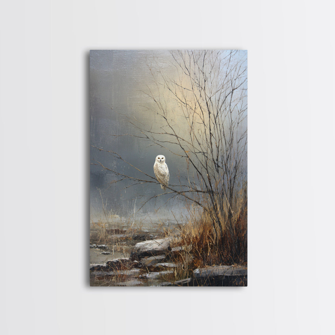 Owl in Moonlit Branches Framed Canvas Print, Nature Art, Printable Wall Art, Living Room Decor, Watercolor Art, Nature, NAT-2x3-75