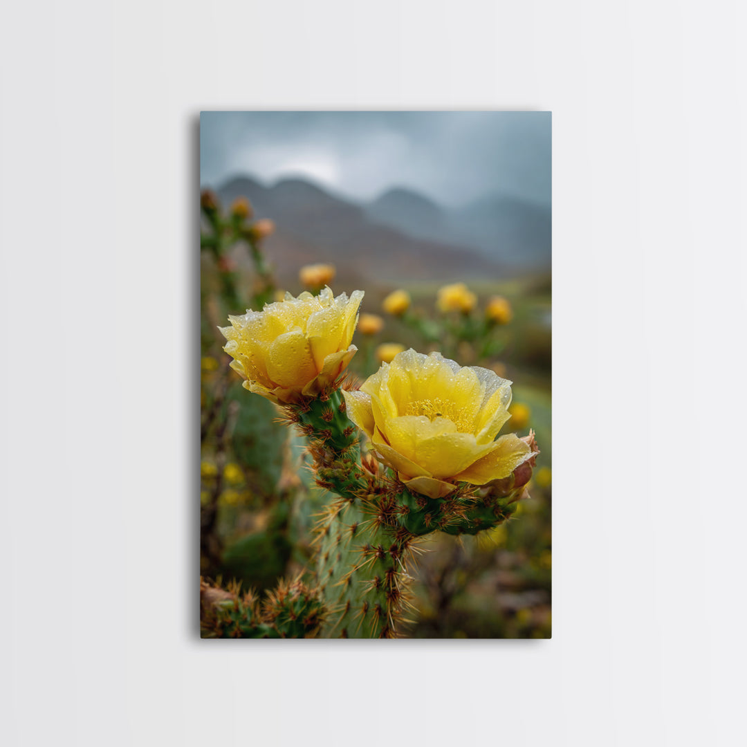 Desert Cactus Blooming After Rain Framed Canvas Print, Nature Art, 3d Wall Art, Living Room Decor, Watercolor Art, Nature, NAT-2x3-76