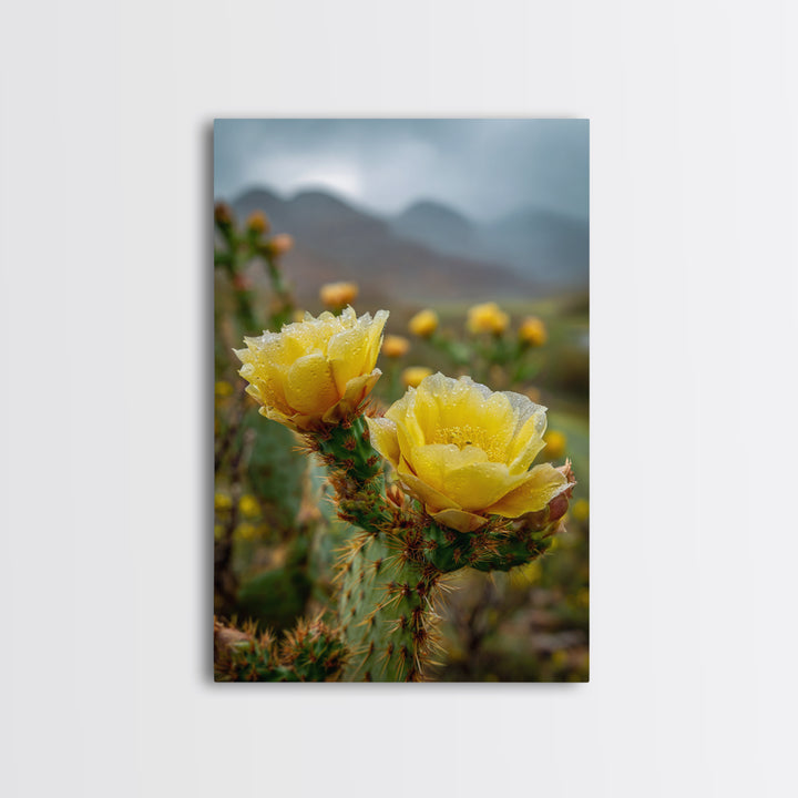 Desert Cactus Blooming After Rain Framed Canvas Print, Nature Art, 3d Wall Art, Living Room Decor, Watercolor Art, Nature, NAT-2x3-76