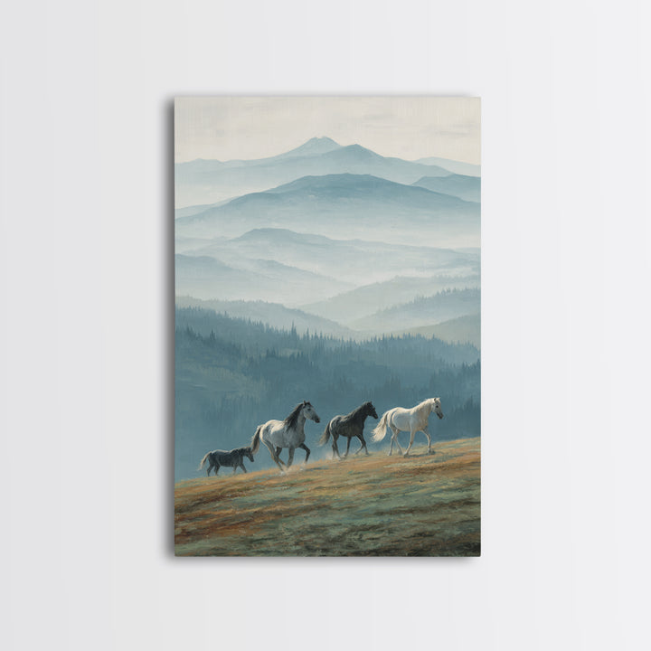 Wild Horses Running Near Mountain Ridge Framed Canvas Print, Nature Art, Wall Decor, Living Room Decor, Fine Art, Nature, NAT-2x3-78