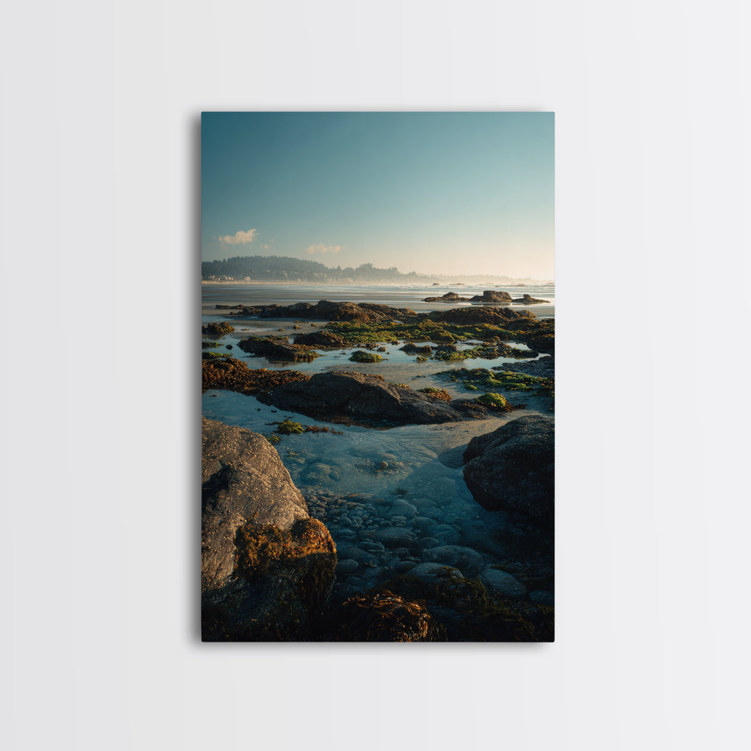 Calm Beach Tide Pooling Around Rocks Framed Canvas Print, Nature Art, Stained Glass Art, Living Room Decor, Oil Painting, NAT-2x3-8