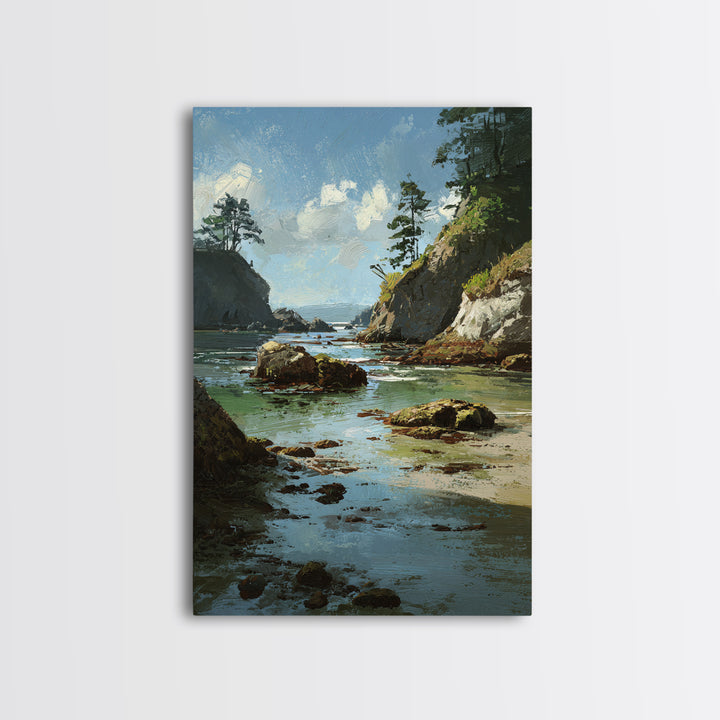 Calm Beach Tide Pooling Around Rocks Framed Canvas Print, Nature Art, Living Room Decor, Watercolor Art, Nature, NAT-2x3-80