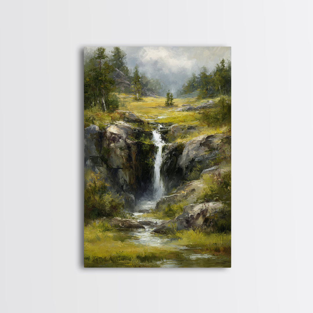 Waterfall Hidden Among Dark Green Rocks Framed Canvas Print, Nature Art, Abstract Wall Art, Living Room Decor, Abstract Art, NAT-2x3-83