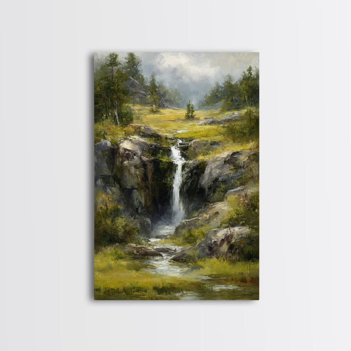Waterfall Hidden Among Dark Green Rocks Framed Canvas Print, Nature Art, Abstract Wall Art, Living Room Decor, Abstract Art, NAT-2x3-83