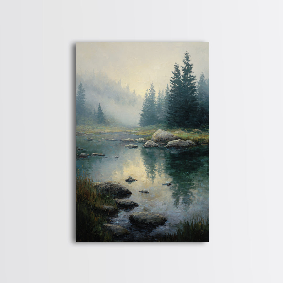 Misty Mountain Lake Framed Canvas Print, Nature Art, Abstract Wall Art, Living Room Decor, Oil Painting, Nature, Bird Wall Art, NAT-2x3-85