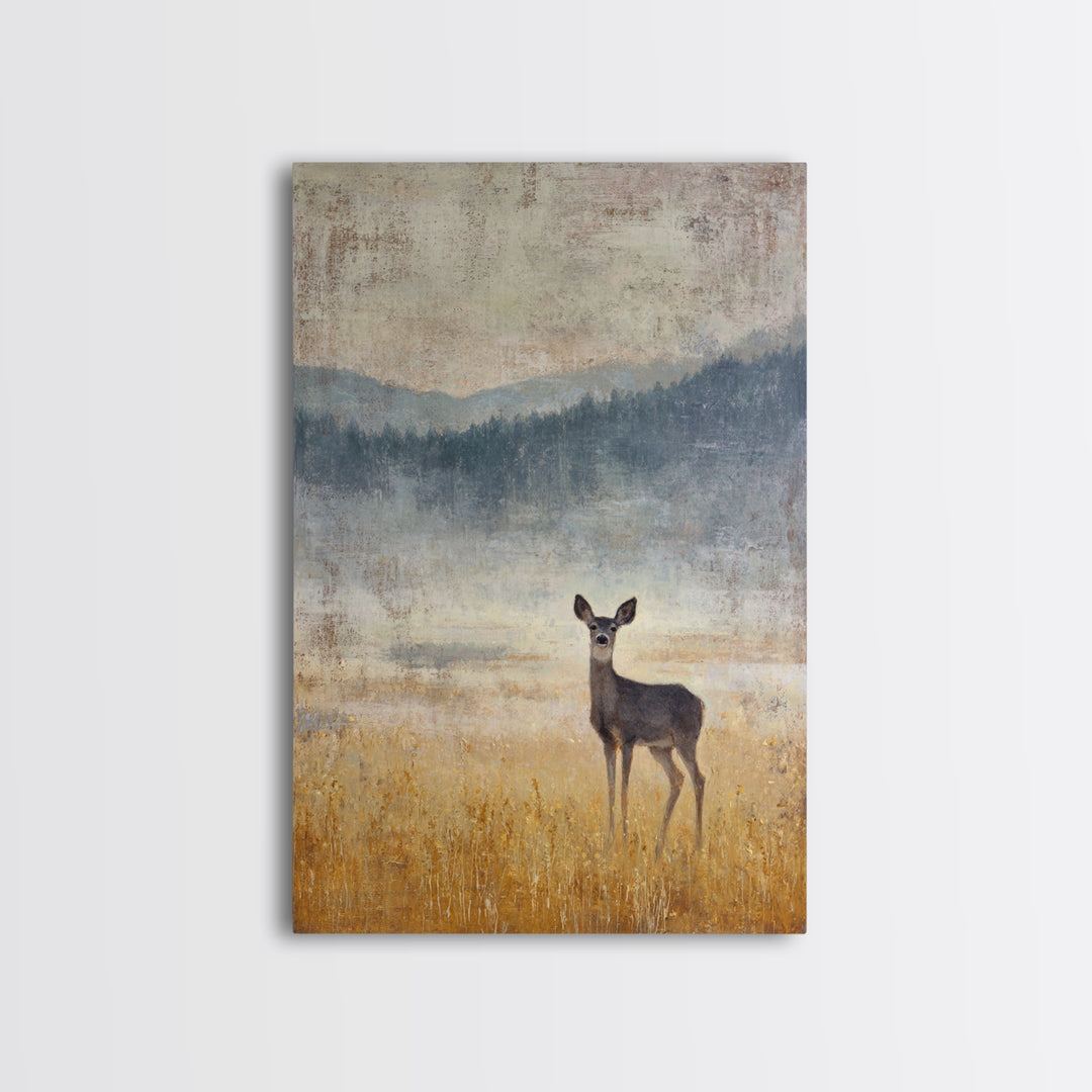 Deer Standing in a Golden Field Framed Canvas Print, Nature Art, Printable Wall Art, Living Room Decor, Fine Art, Nature, NAT-2x3-88