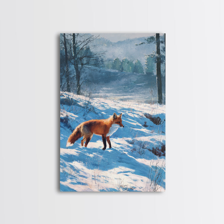 Fox Crossing a Snowy Forest Clearing Framed Canvas Print, Nature Art, Living Room Decor, Oil Painting, Nature, NAT-2x3-90
