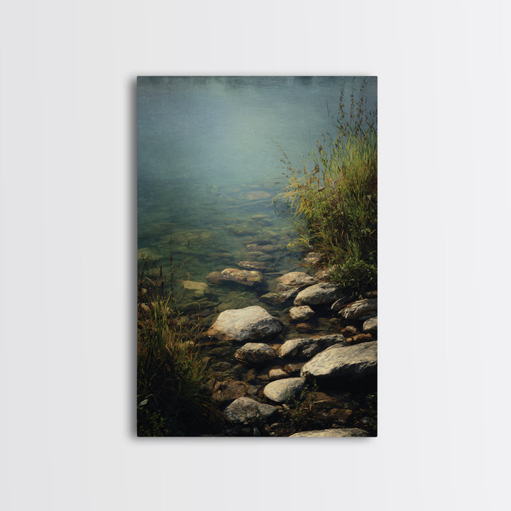 River Stones under Clear Shallow Water Framed Canvas Print, Nature Art, Artwork, Living Room Decor, Fine Art, Nature, NAT-2x3-93