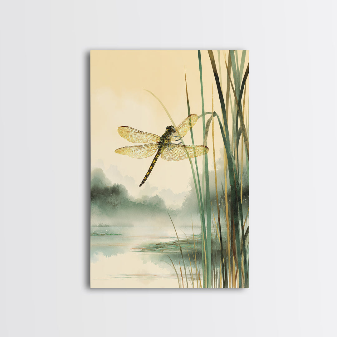 Dragonfly over a Pond with Reeds Framed Canvas Print, Nature Art, Art, Living Room Decor, Watercolor Art, Nature, 3d Wall Art, NAT-2x3-98
