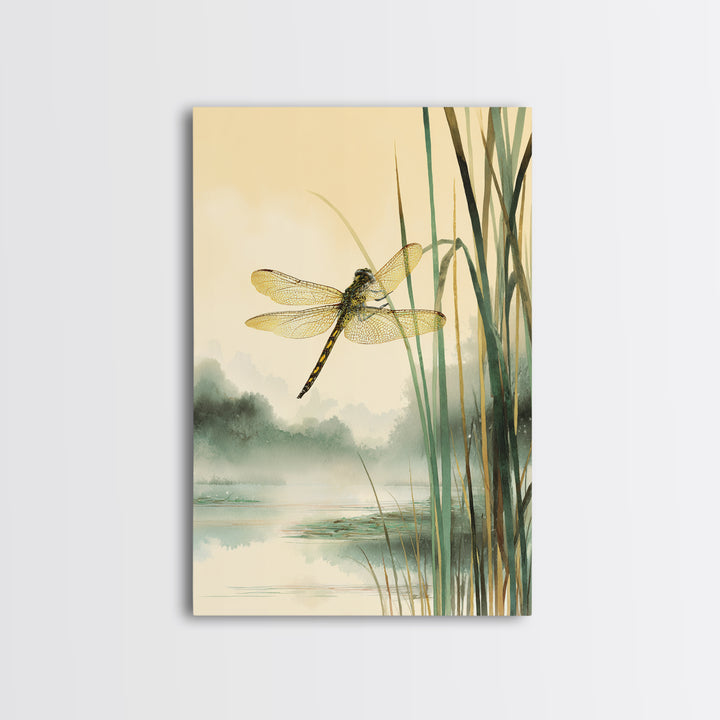 Dragonfly over a Pond with Reeds Framed Canvas Print, Nature Art, Art, Living Room Decor, Watercolor Art, Nature, 3d Wall Art, NAT-2x3-98