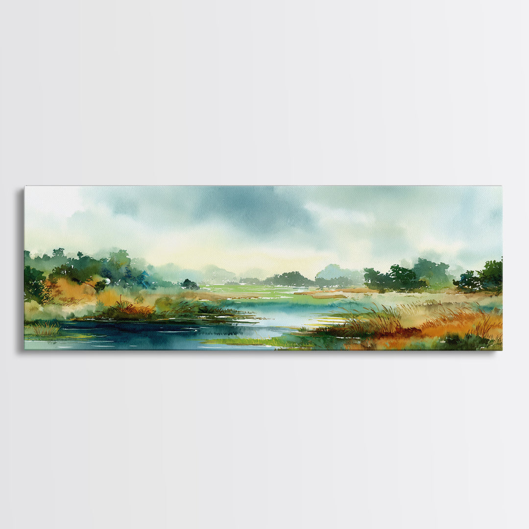 Dragonfly over a Pond with Reeds Framed Canvas Print, Nature Art, Home Decor, Living Room Decor, Nature, Abstract Wall Art, NAT-3x1-10