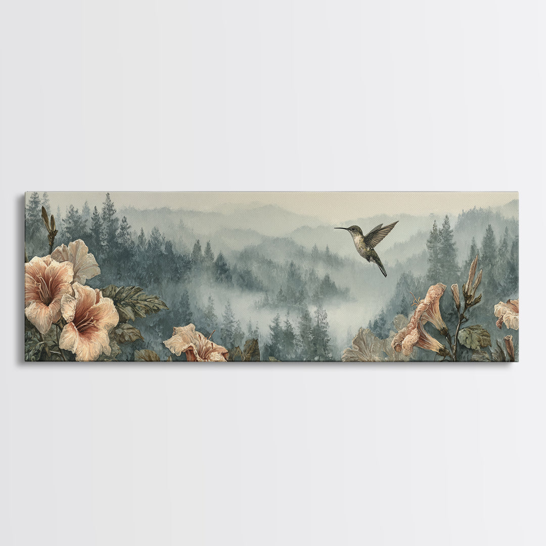 Hummingbird Beside Bright Trumpet Flowers Canvas Print, Nature Art, Modern Decor, Living Room Decor, Fine Art, Nature, NAT-3x1-100