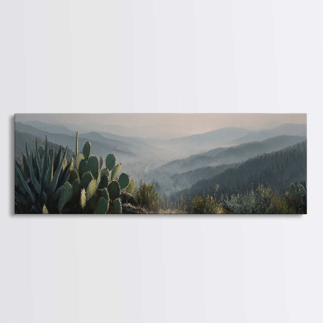 Desert Cactus Blooming After Rain Framed Canvas Print, Nature Art, Botanical Art, Living Room Decor, Watercolor Art, Nature, NAT-3x1-12