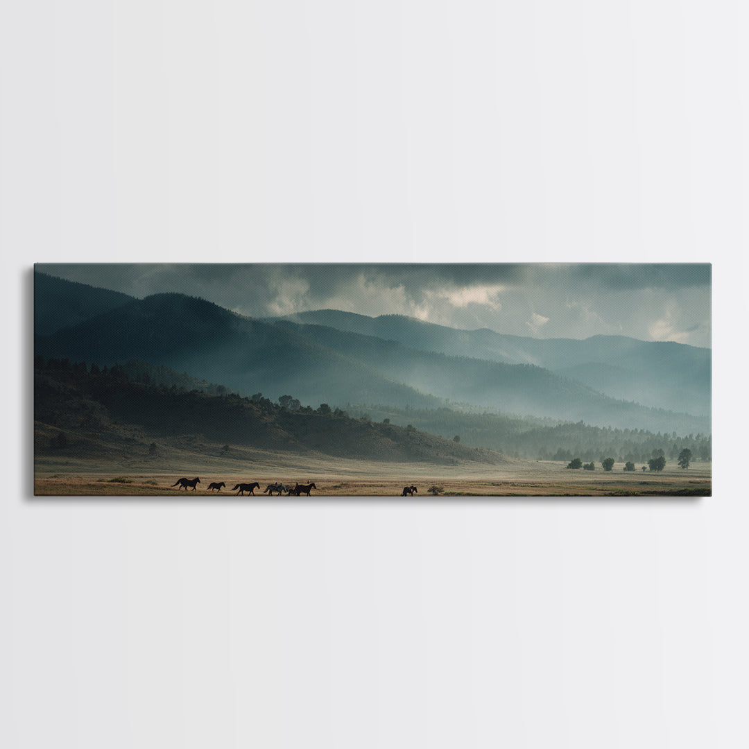 Wild Horses Running Near Mountain Ridge Canvas Print, Nature Art, Landscape Print, Living Room Decor, Fine Art, Nature, NAT-3x1-14