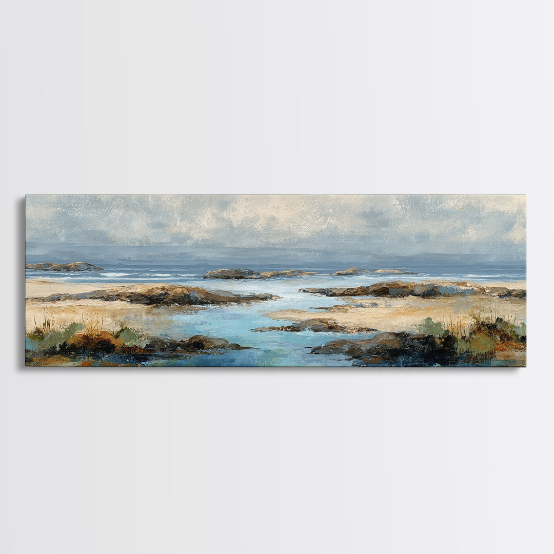Calm Beach Tide Pooling Around Rocks Canvas Print, Nature Art, Living Room Wall Art, Living Room Decor, Fine Art, Nature, NAT-3x1-16