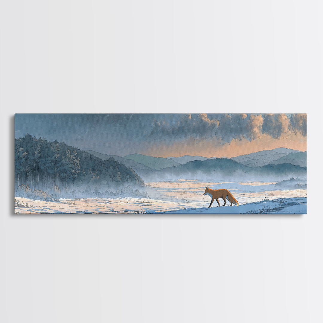 Fox Crossing a Snowy Forest Clearing Framed Canvas Print, Nature Art, Painting, Living Room Decor, Nature, Modern Wall Art, NAT-3x1-2