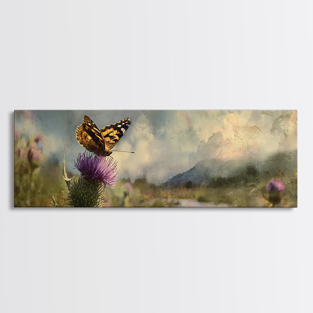 Butterfly Resting on a Blooming Thistle Canvas Print, Nature Art, Ocean Art, Living Room Decor, Fine Art, Nature, Art Print, NAT-3x1-20
