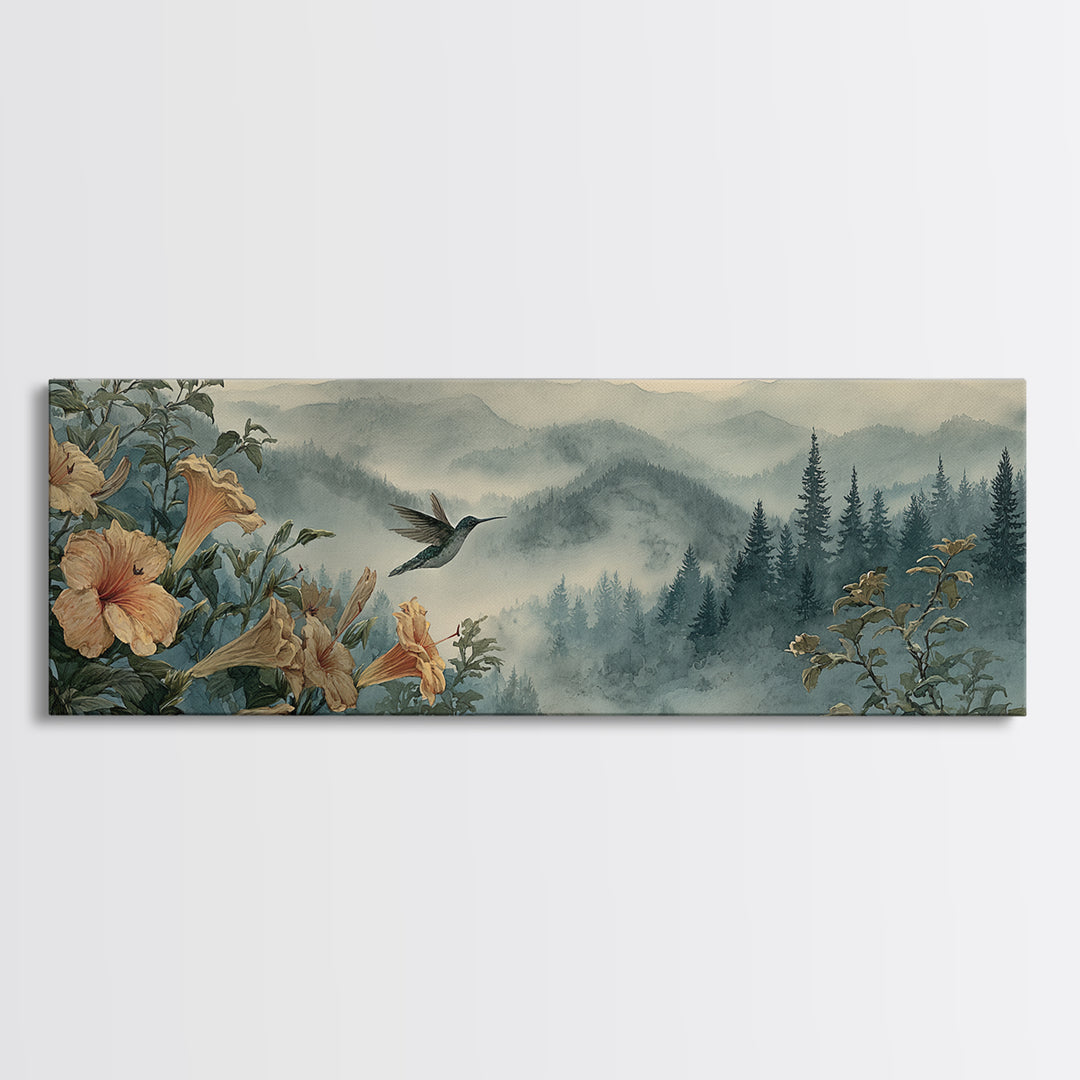Hummingbird Beside Bright Trumpet Flowers Framed Canvas Print, Nature Art, Nature Wall Art, Living Room Decor, Watercolor Art, NAT-3x1-28