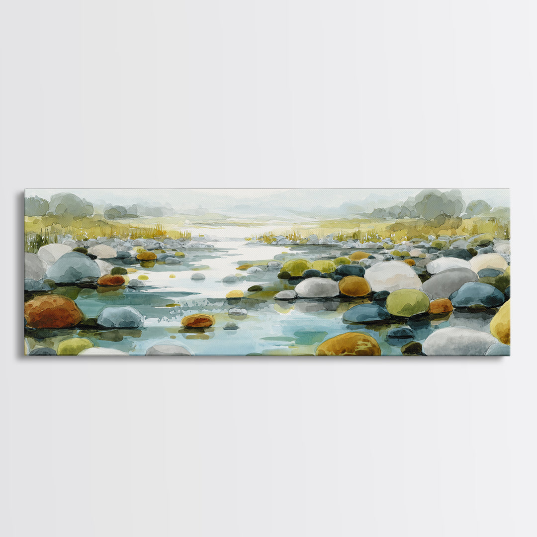 River Stones under Clear Shallow Water Canvas Print, Nature Art, Abstract Wall Art, Living Room Decor, Oil Painting, Nature, NAT-3x1-29