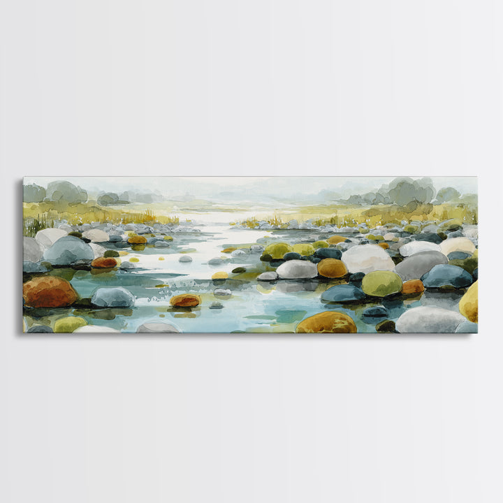 River Stones under Clear Shallow Water Canvas Print, Nature Art, Abstract Wall Art, Living Room Decor, Oil Painting, Nature, NAT-3x1-29