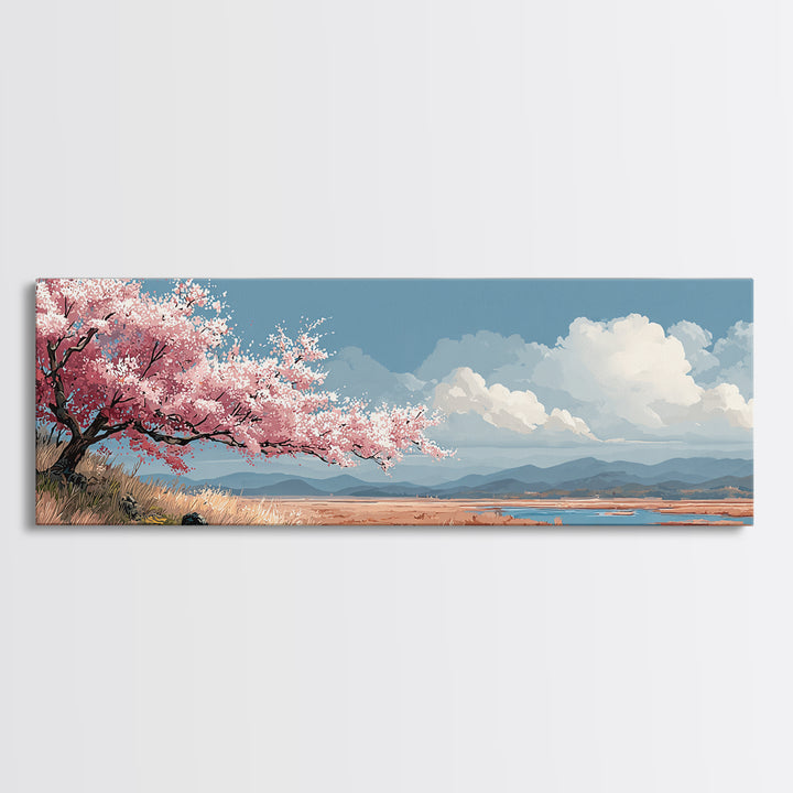 Spring Cherry Blossoms Framed Canvas Print, Nature Art, Landscape Print, Living Room Decor, Watercolor Art, Nature, NAT-3x1-32
