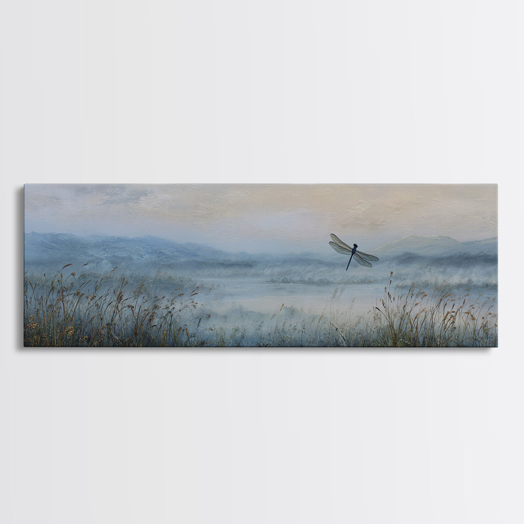 Dragonfly over a Pond with Reeds Canvas Print, Nature Art, Printable Wall Art, Living Room Decor, Abstract Art, Nature, NAT-3x1-34