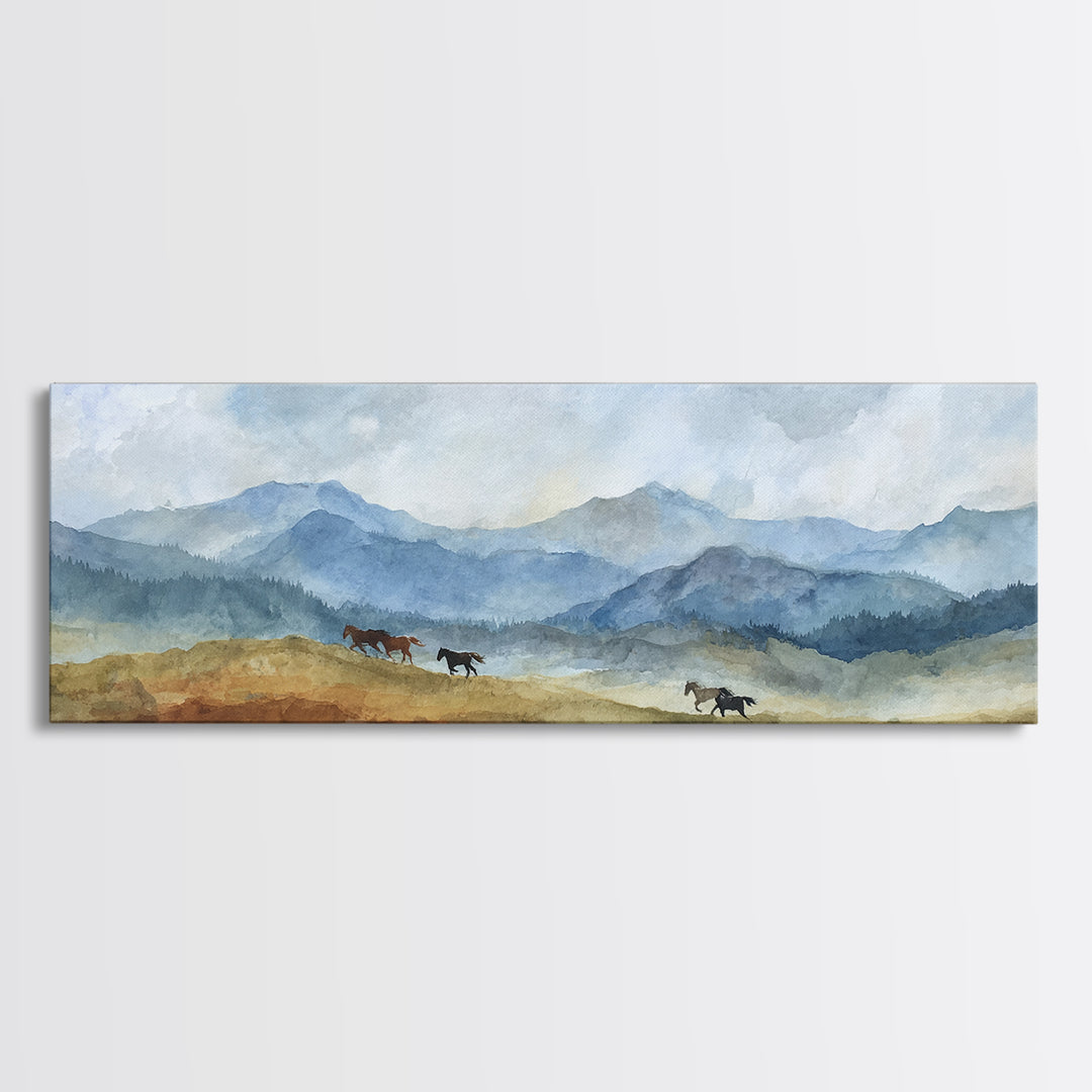 Wild Horses Running Near Mountain Ridge Canvas Print, Nature Art, Wall Hangings, Living Room Decor, Oil Painting, Nature, NAT-3x1-38