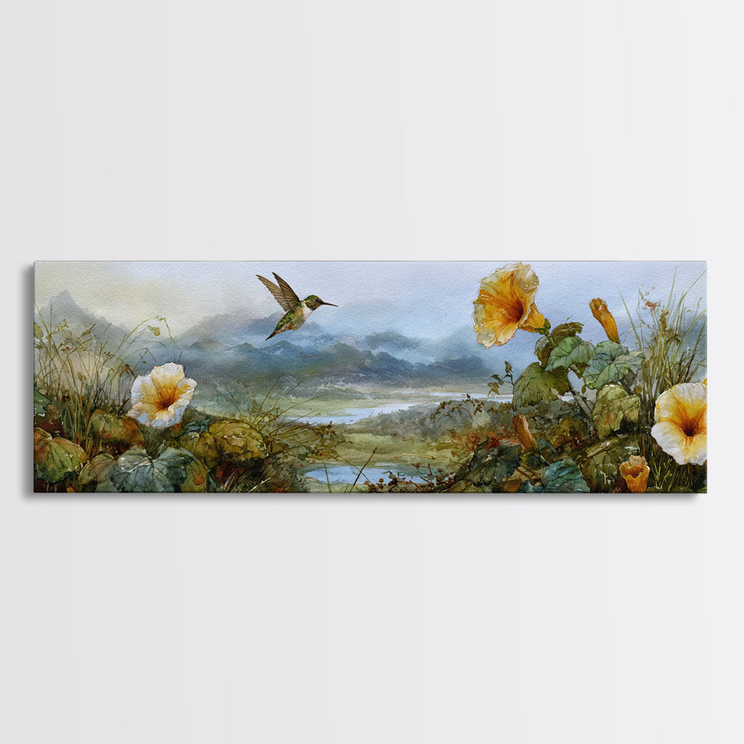 Hummingbird Beside Bright Trumpet Flowers Canvas Print, Nature Art, Moss Art, Living Room Decor, Watercolor Art, Nature, NAT-3x1-4