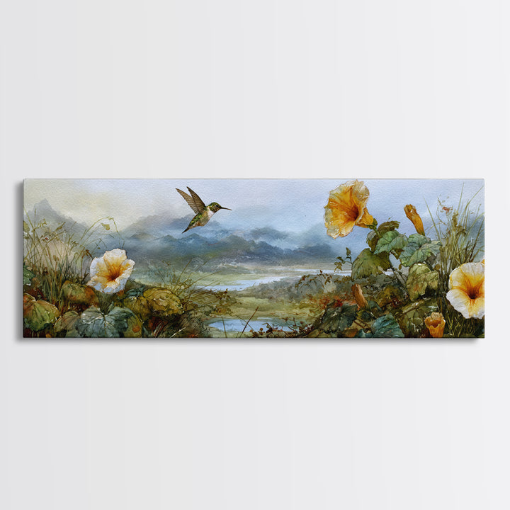 Hummingbird Beside Bright Trumpet Flowers Canvas Print, Nature Art, Moss Art, Living Room Decor, Watercolor Art, Nature, NAT-3x1-4