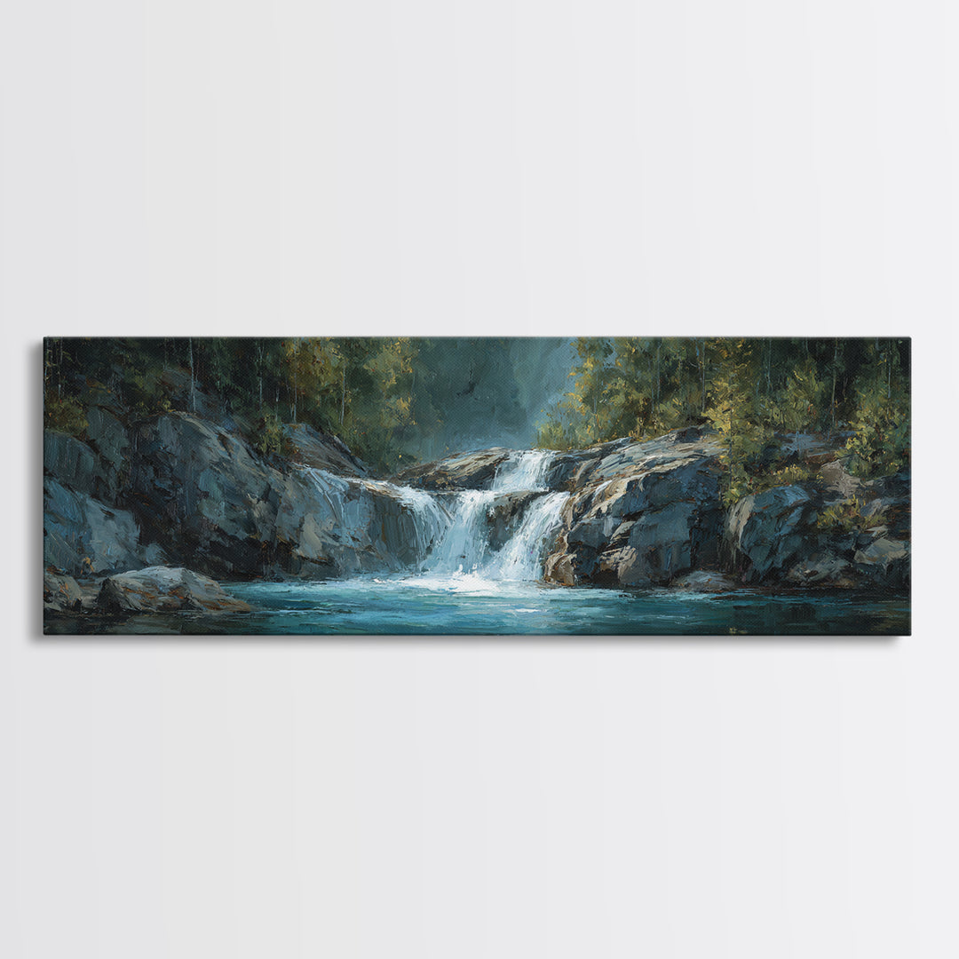 Waterfall Hidden Among Dark Green Rocks Canvas Print, Nature Art, Poster, Living Room Decor, Nature, Abstract Wall Art, NAT-3x1-43