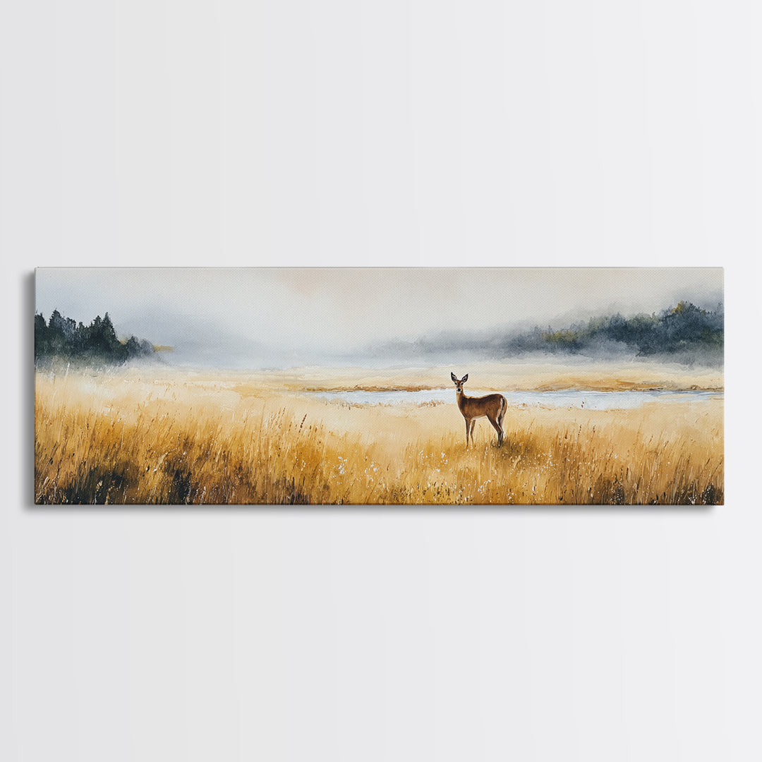 Deer Standing in a Golden Field Canvas Print, Nature Art, Art Print, Living Room Decor, Fine Art, Nature, Printable Wall Art, NAT-3x1-48