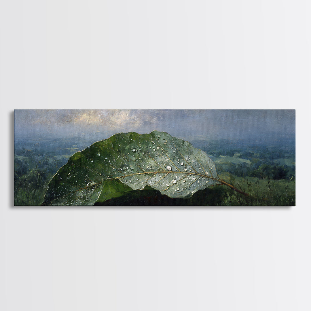 Rain Drops on a Large Green Leaf Canvas Print, Nature Art, Living Room Wall Art, Living Room Decor, Fine Art, Nature, NAT-3x1-49