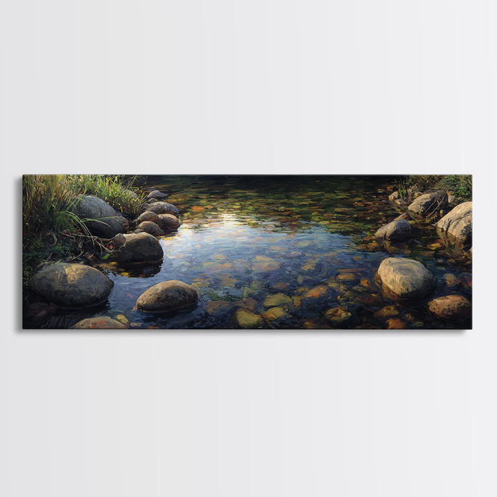 River Stones under Clear Shallow Water Framed Canvas Print, Nature Art, Living Room Decor, Watercolor Art, Nature, NAT-3x1-5