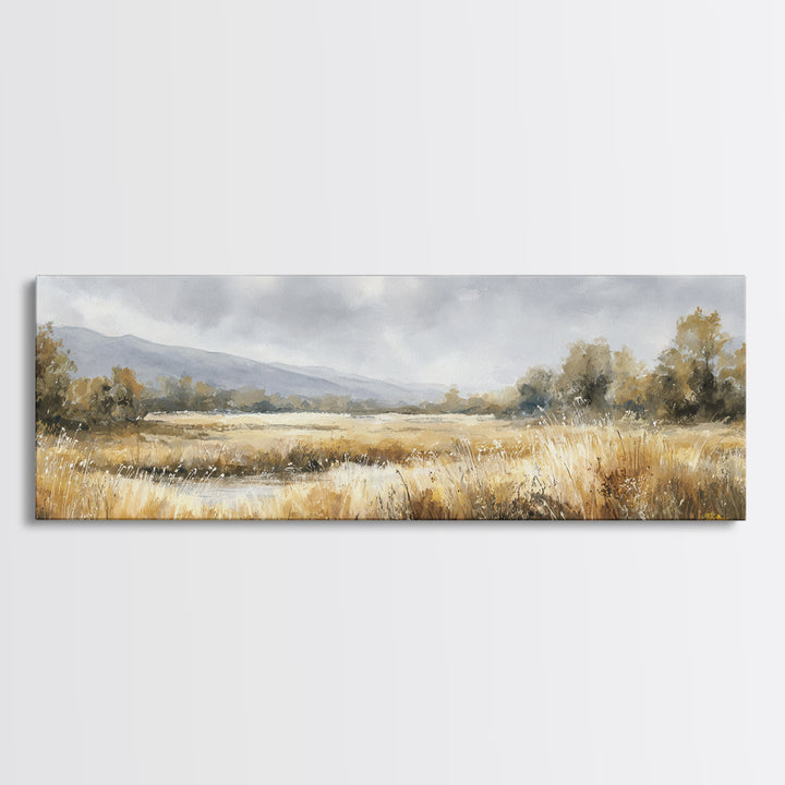 Sunrise Through Tall Grass and Wildflowers Framed Canvas Print, Nature Art, Wall Decor, Living Room Decor, Oil Painting, Nature, NAT-3x1-51