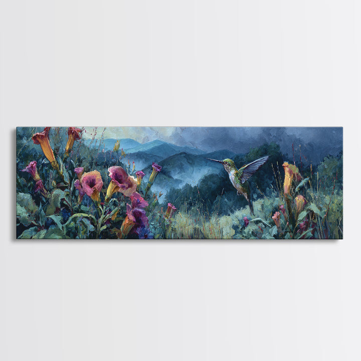 Hummingbird Beside Bright Trumpet Flowers Framed Canvas Print, Nature Art, Room Decor, Living Room Decor, Fine Art, Nature, NAT-3x1-52