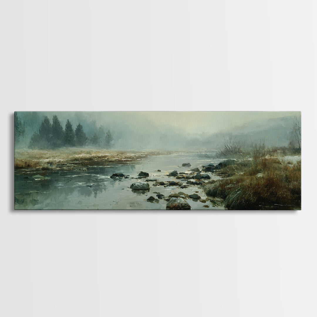 River Stones under Clear Shallow Water Framed Canvas Print, Nature Art, Stained Glass Art, Living Room Decor, Fine Art, Nature, NAT-3x1-53