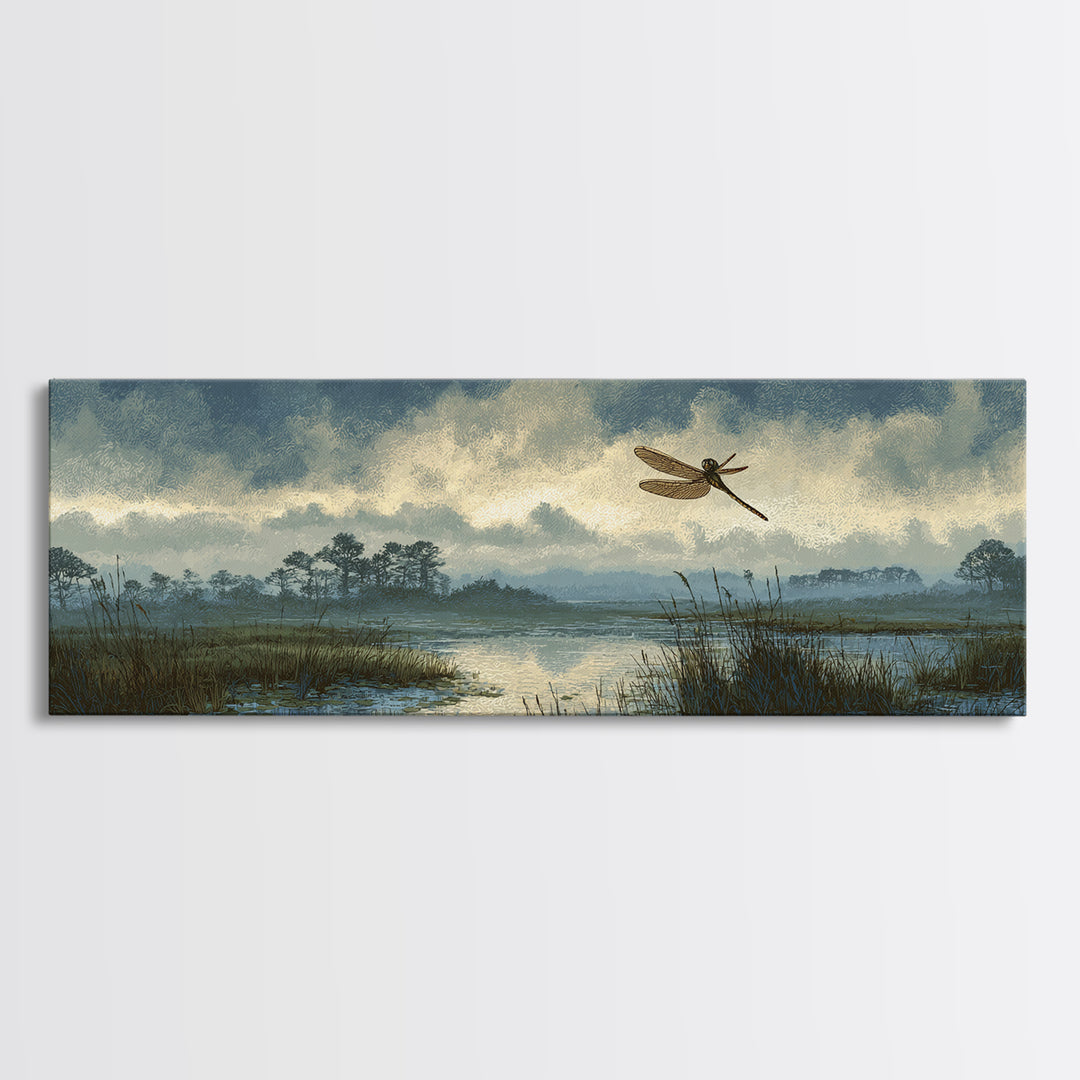 Dragonfly over a Pond with Reeds Framed Canvas Print, Nature Art, Wood Wall Art, Living Room Decor, Fine Art, Nature, NAT-3x1-58
